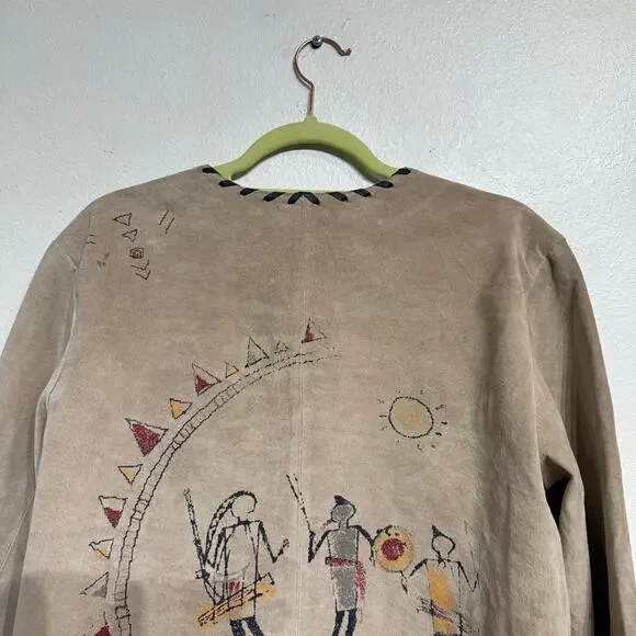 Chico's Tan Genuine Suede Leather Vintage Native Tribal Jacket Sz 2 - Picture 9 of 15
